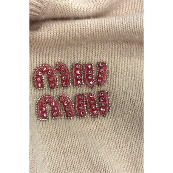 Miu Miu Womens Beige Knit Wool Button-Up Cardigan With Crystal Embellished Logo - Picture 5 of 10